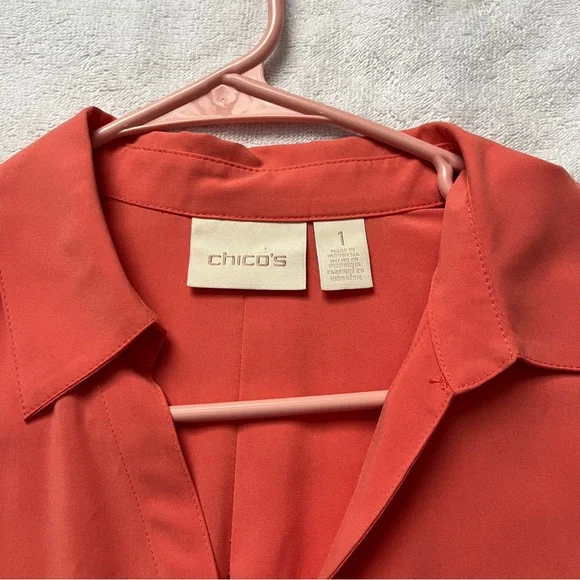 Chico’s Solid Button Down Utility Blouse Coral Modal Dress Shirt Medium - Picture 2 of 7